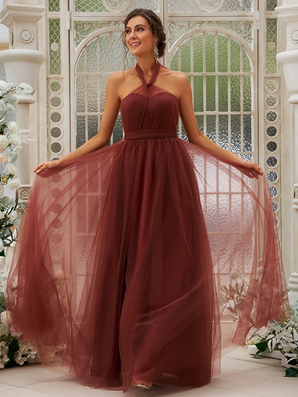 A-Line/Princess Tulle Ruffles Halter Sleeveless Floor-Length Bridesmaid Dresses 2766