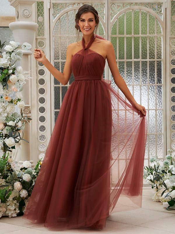 A-Line/Princess Tulle Ruffles Halter Sleeveless Floor-Length Bridesmaid Dresses 2766