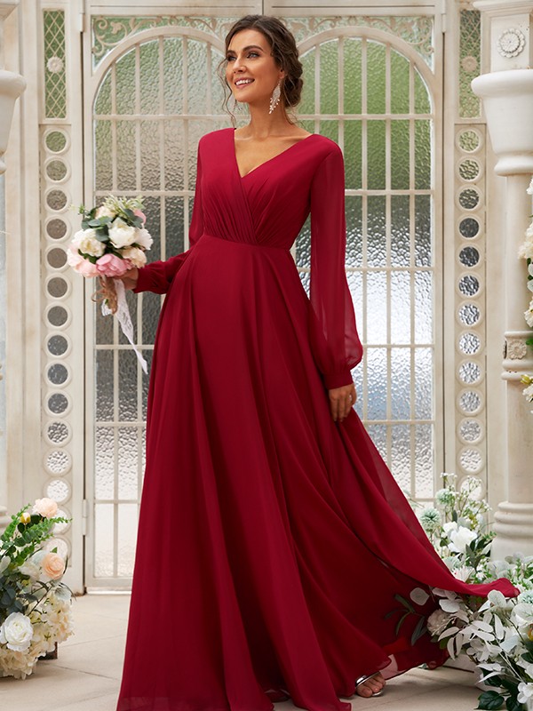 A-Line/Princess Chiffon Ruched V-neck Long Sleeves Floor-Length Bridesmaid Dresses 2169