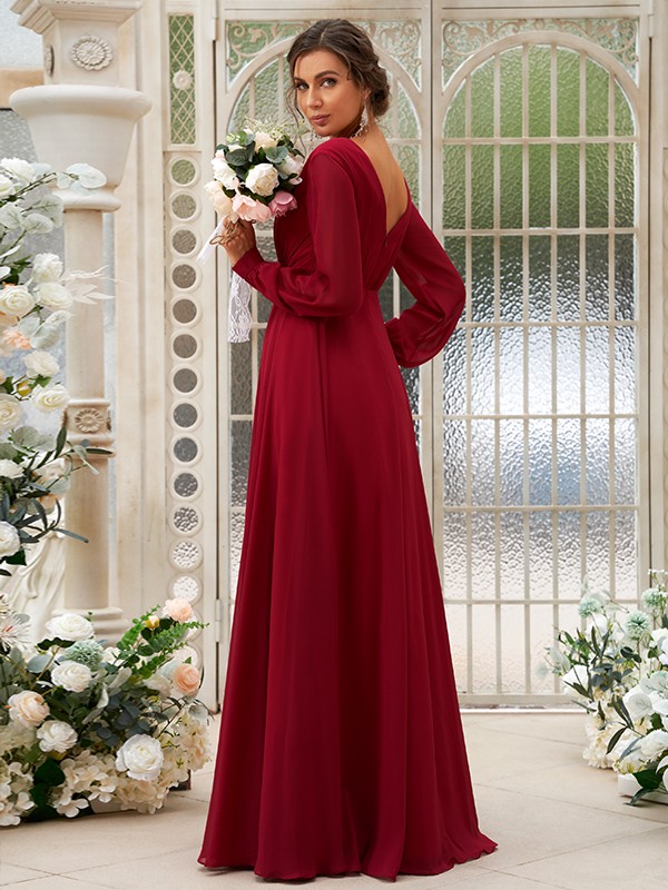 A-Line/Princess Chiffon Ruched V-neck Long Sleeves Floor-Length Bridesmaid Dresses 2169