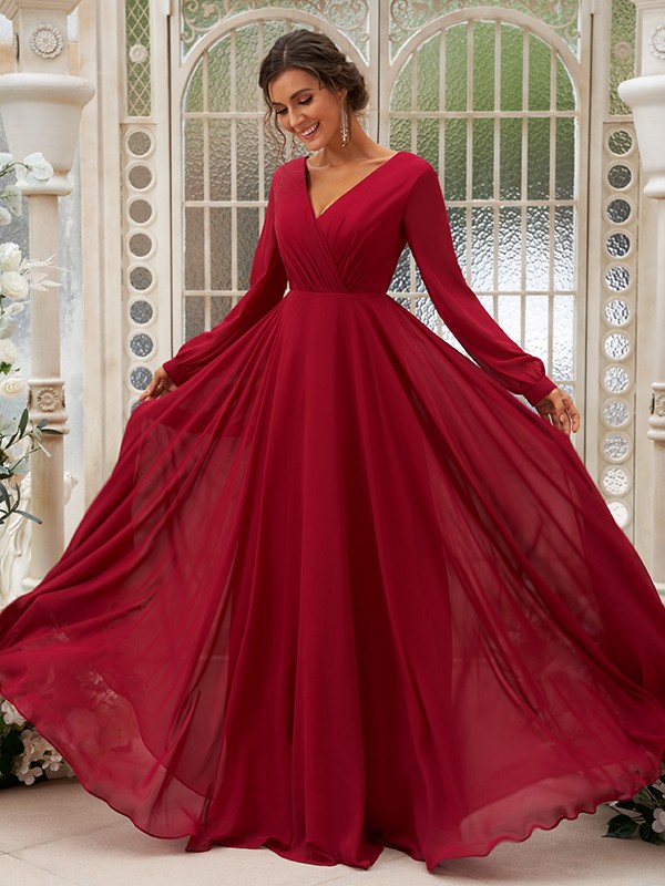 A-Line/Princess Chiffon Ruched V-neck Long Sleeves Floor-Length Bridesmaid Dresses 2169