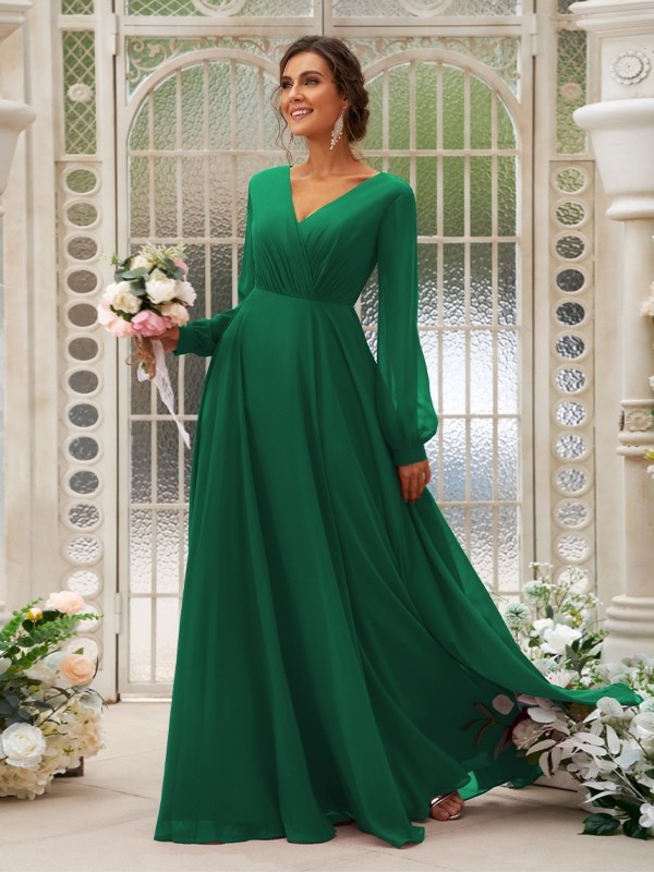 A-Line/Princess Chiffon Ruched V-neck Long Sleeves Floor-Length Bridesmaid Dresses 2169