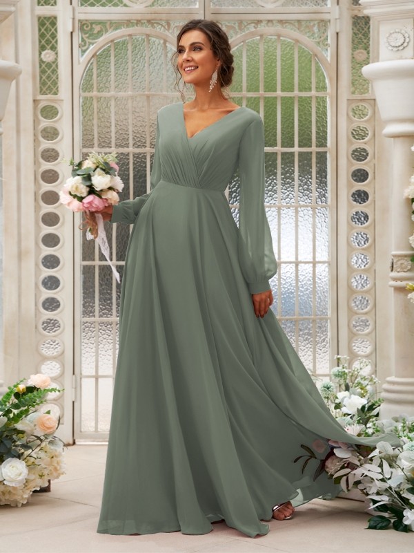 A-Line/Princess Chiffon Ruched V-neck Long Sleeves Floor-Length Bridesmaid Dresses 2169