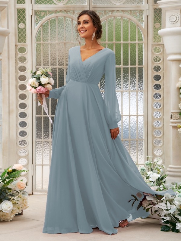 A-Line/Princess Chiffon Ruched V-neck Long Sleeves Floor-Length Bridesmaid Dresses 2169