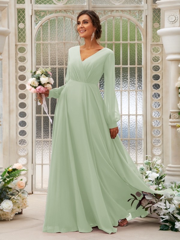 A-Line/Princess Chiffon Ruched V-neck Long Sleeves Floor-Length Bridesmaid Dresses 2169