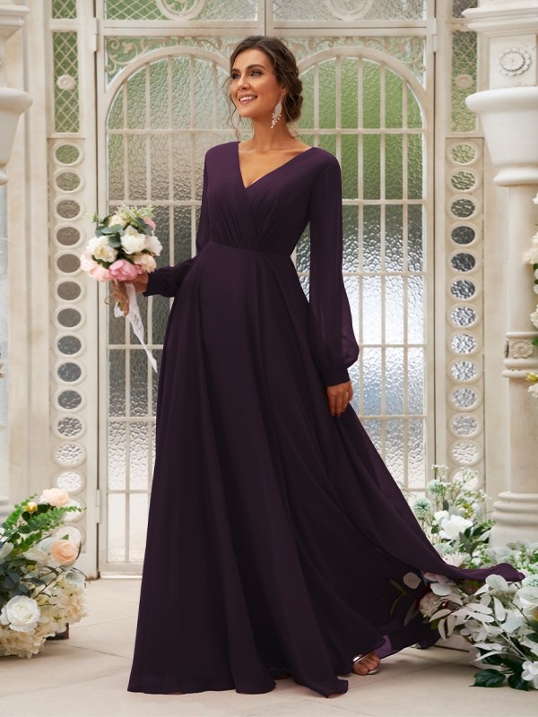 A-Line/Princess Chiffon Ruched V-neck Long Sleeves Floor-Length Bridesmaid Dresses 2169