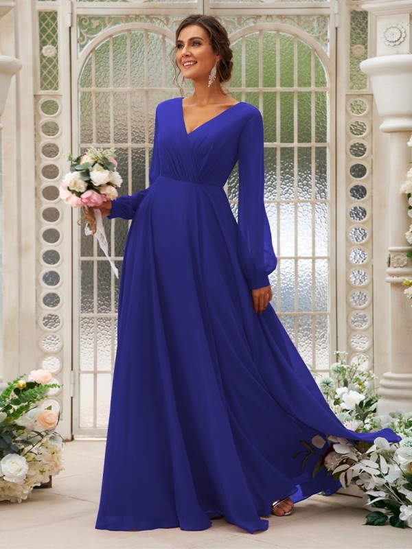 A-Line/Princess Chiffon Ruched V-neck Long Sleeves Floor-Length Bridesmaid Dresses 2169