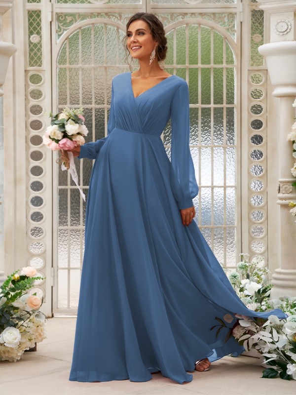 A-Line/Princess Chiffon Ruched V-neck Long Sleeves Floor-Length Bridesmaid Dresses 2169