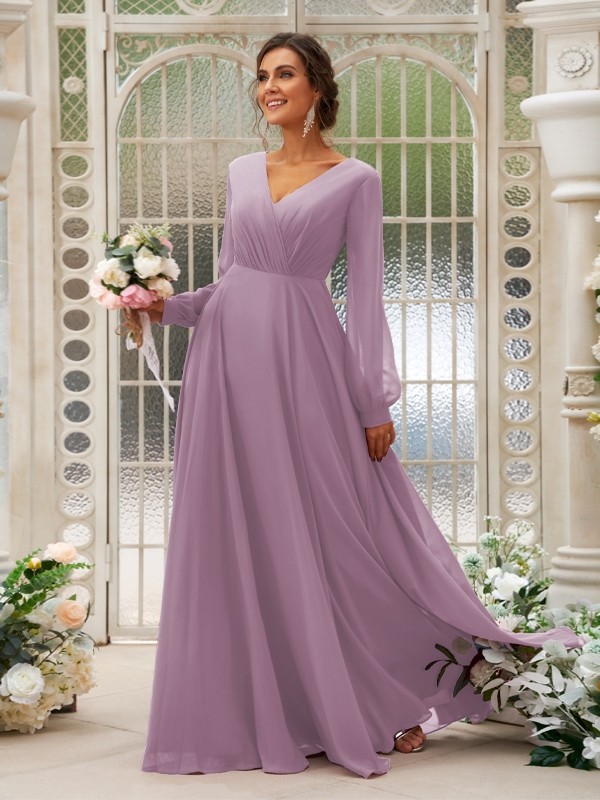 A-Line/Princess Chiffon Ruched V-neck Long Sleeves Floor-Length Bridesmaid Dresses 2169