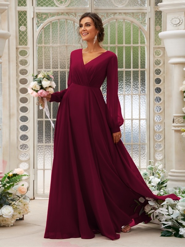 A-Line/Princess Chiffon Ruched V-neck Long Sleeves Floor-Length Bridesmaid Dresses 2169