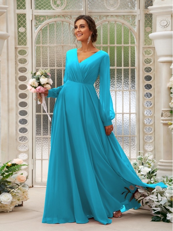 A-Line/Princess Chiffon Ruched V-neck Long Sleeves Floor-Length Bridesmaid Dresses 2169