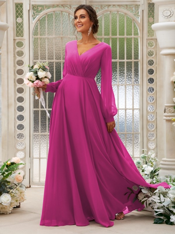 A-Line/Princess Chiffon Ruched V-neck Long Sleeves Floor-Length Bridesmaid Dresses 2169