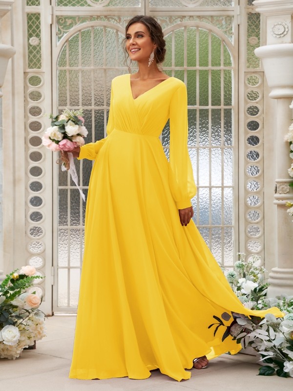 A-Line/Princess Chiffon Ruched V-neck Long Sleeves Floor-Length Bridesmaid Dresses 2169