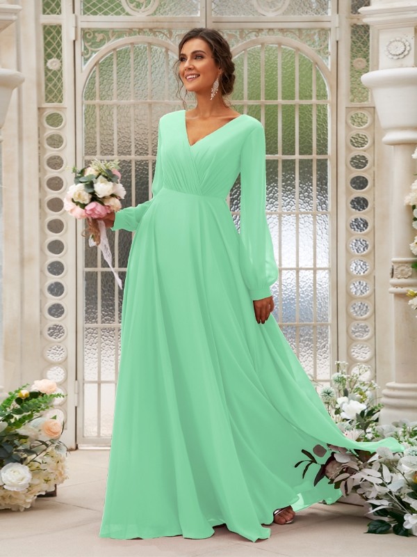 A-Line/Princess Chiffon Ruched V-neck Long Sleeves Floor-Length Bridesmaid Dresses 2169