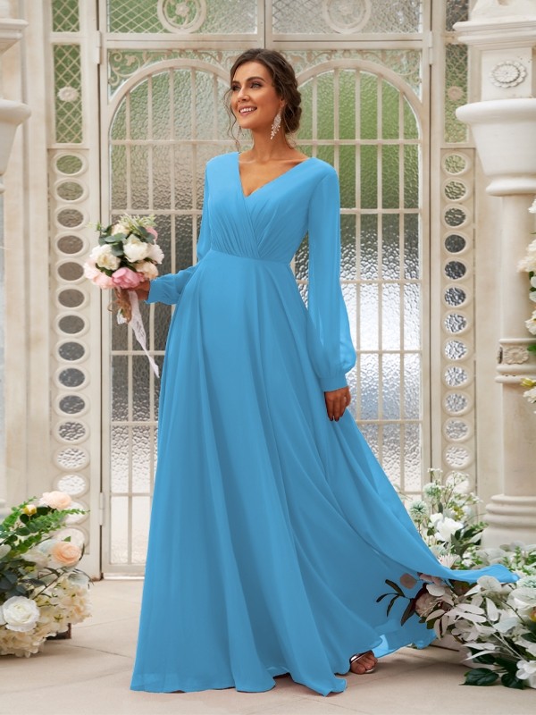 A-Line/Princess Chiffon Ruched V-neck Long Sleeves Floor-Length Bridesmaid Dresses 2169