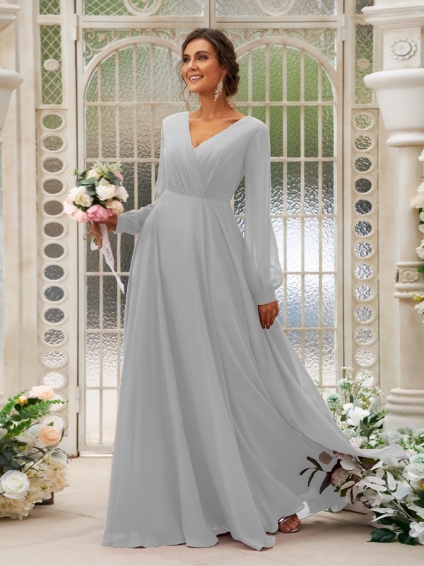 A-Line/Princess Chiffon Ruched V-neck Long Sleeves Floor-Length Bridesmaid Dresses 2169