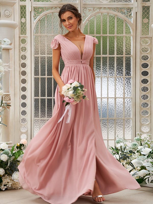 A-Line/Princess Chiffon Ruffles V-neck Sleeveless Sweep/Brush Train Bridesmaid Dresses 2245