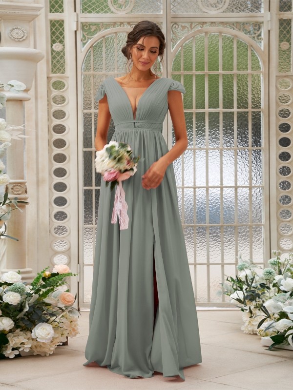 A-Line/Princess Chiffon Ruffles V-neck Sleeveless Sweep/Brush Train Bridesmaid Dresses 2245