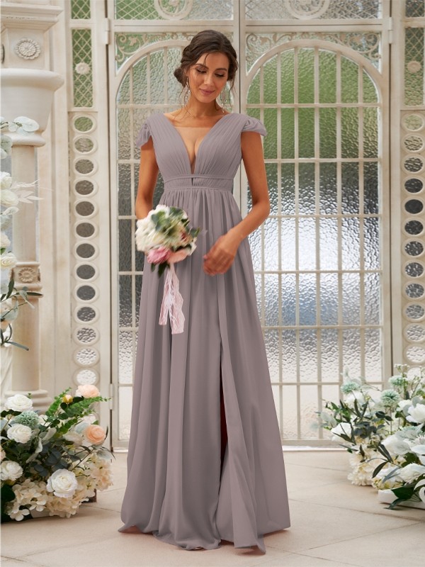 A-Line/Princess Chiffon Ruffles V-neck Sleeveless Sweep/Brush Train Bridesmaid Dresses 2245