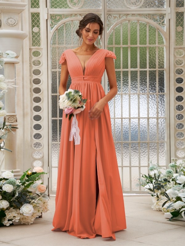 A-Line/Princess Chiffon Ruffles V-neck Sleeveless Sweep/Brush Train Bridesmaid Dresses 2245