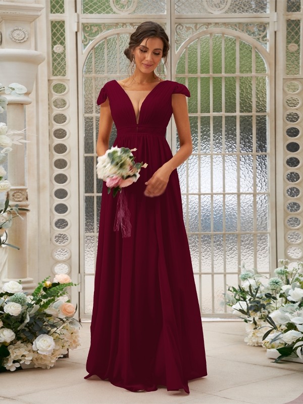 A-Line/Princess Chiffon Ruffles V-neck Sleeveless Sweep/Brush Train Bridesmaid Dresses 2245