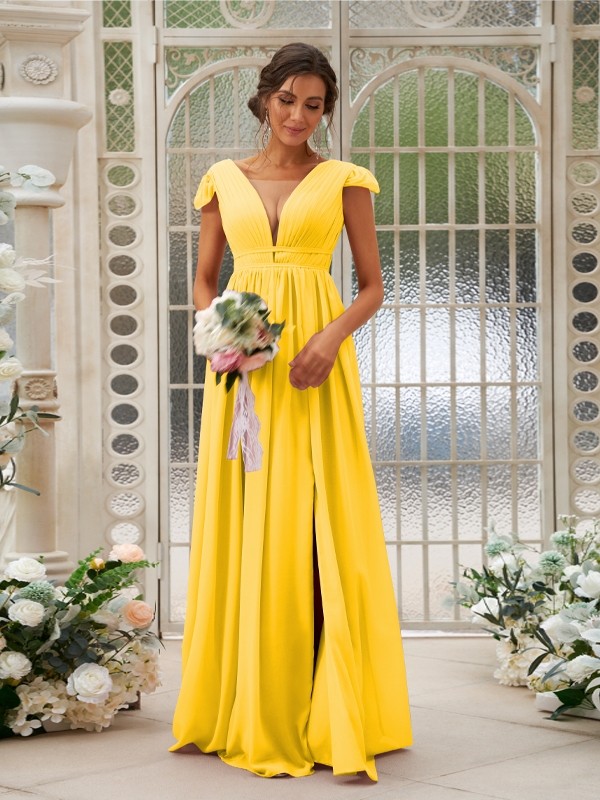 A-Line/Princess Chiffon Ruffles V-neck Sleeveless Sweep/Brush Train Bridesmaid Dresses 2245