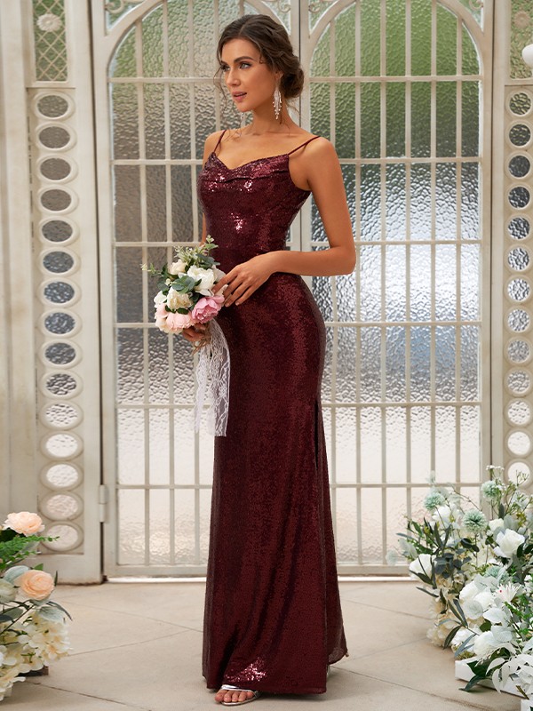 Sheath/Column Sequins Ruched Spaghetti Straps Sleeveless Floor-Length Bridesmaid Dresses 3045