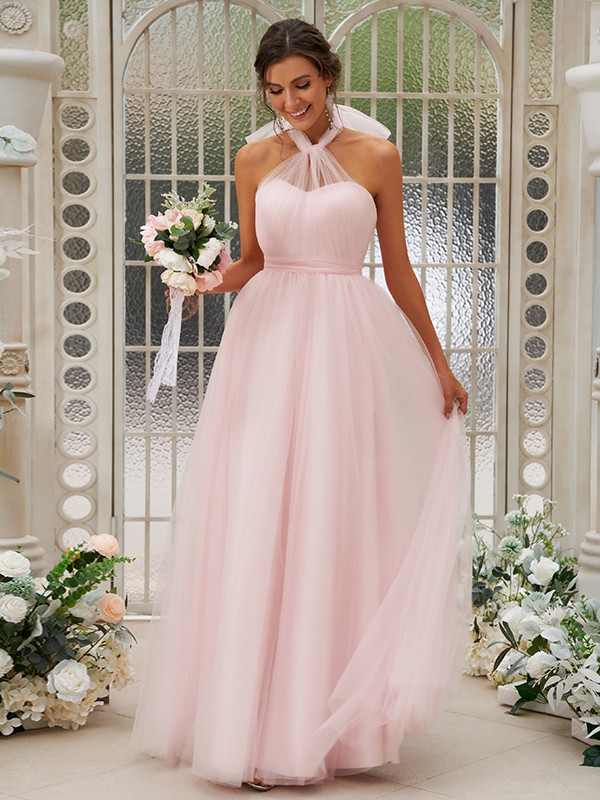 A-Line/Princess Tulle Ruffles Halter Sleeveless Floor-Length Bridesmaid Dresses 2767