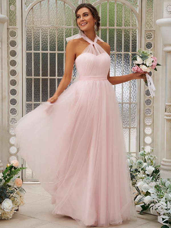 A-Line/Princess Tulle Ruffles Halter Sleeveless Floor-Length Bridesmaid Dresses 2767