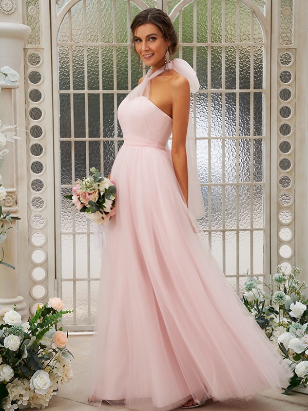 A-Line/Princess Tulle Ruffles Halter Sleeveless Floor-Length Bridesmaid Dresses 2767