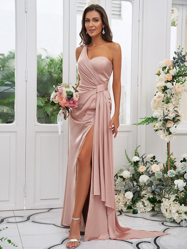 Sheath/Column Ruched One-Shoulder Sleeveless Floor-Length Bridesmaid Dresses 2883