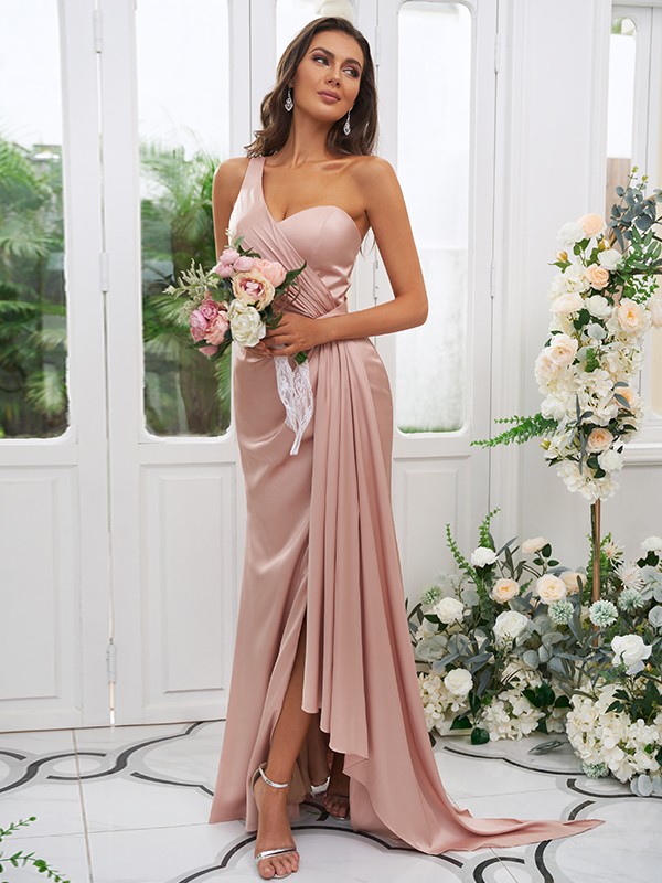 Sheath/Column Ruched One-Shoulder Sleeveless Floor-Length Bridesmaid Dresses 2883