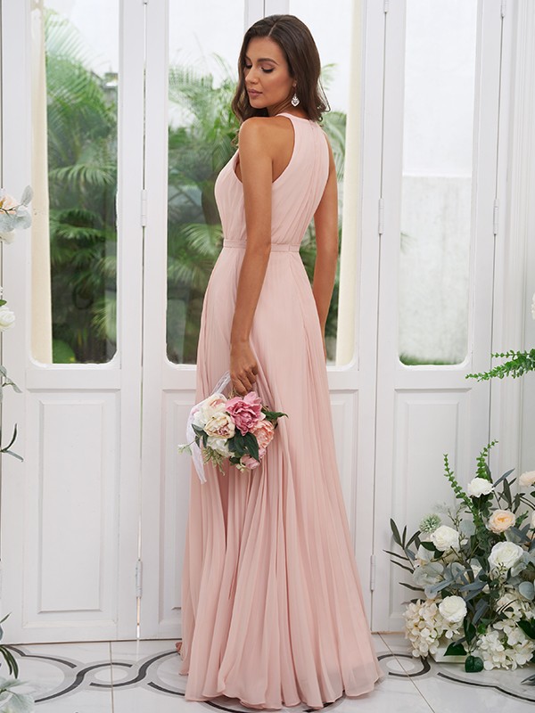 A-Line/Princess Chiffon Ruffles Halter Sleeveless Floor-Length Bridesmaid Dresses 2194