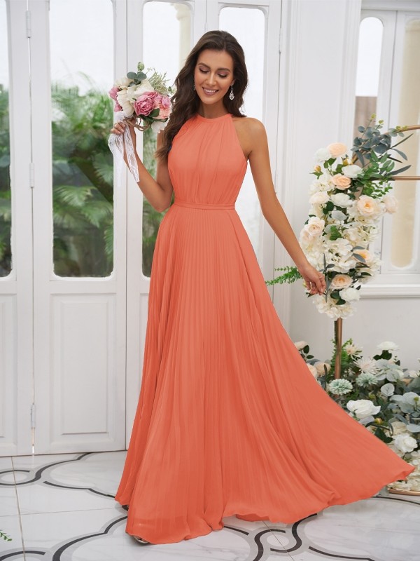 A-Line/Princess Chiffon Ruffles Halter Sleeveless Floor-Length Bridesmaid Dresses 2194