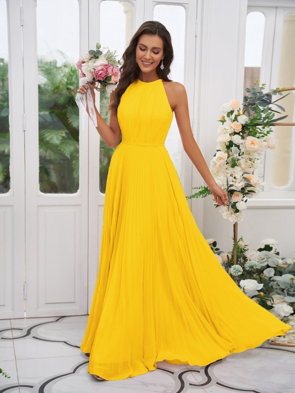 A-Line/Princess Chiffon Ruffles Halter Sleeveless Floor-Length Bridesmaid Dresses 2194