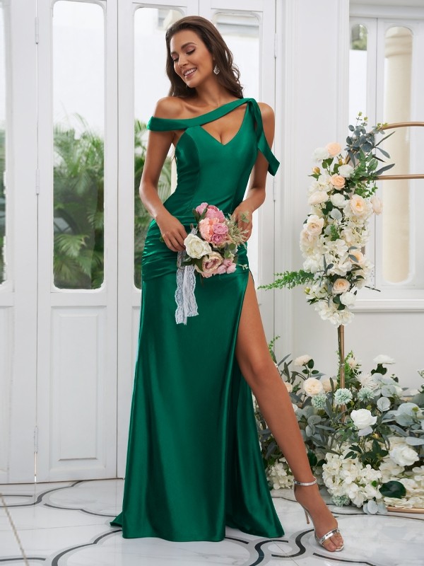 Sheath/Column Polyester Ruched Off-the-Shoulder Sleeveless Sweep/Brush Train Bridesmaid Dresses 2881