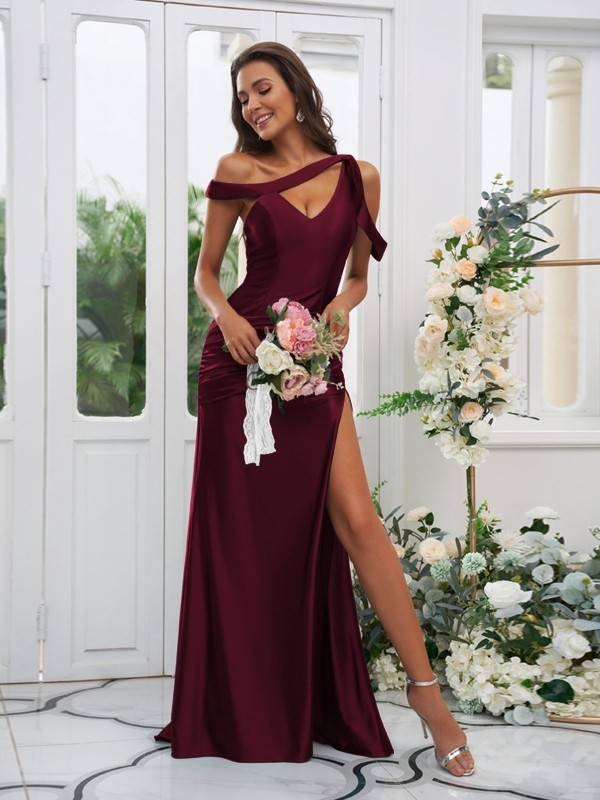 Sheath/Column Polyester Ruched Off-the-Shoulder Sleeveless Sweep/Brush Train Bridesmaid Dresses 2881