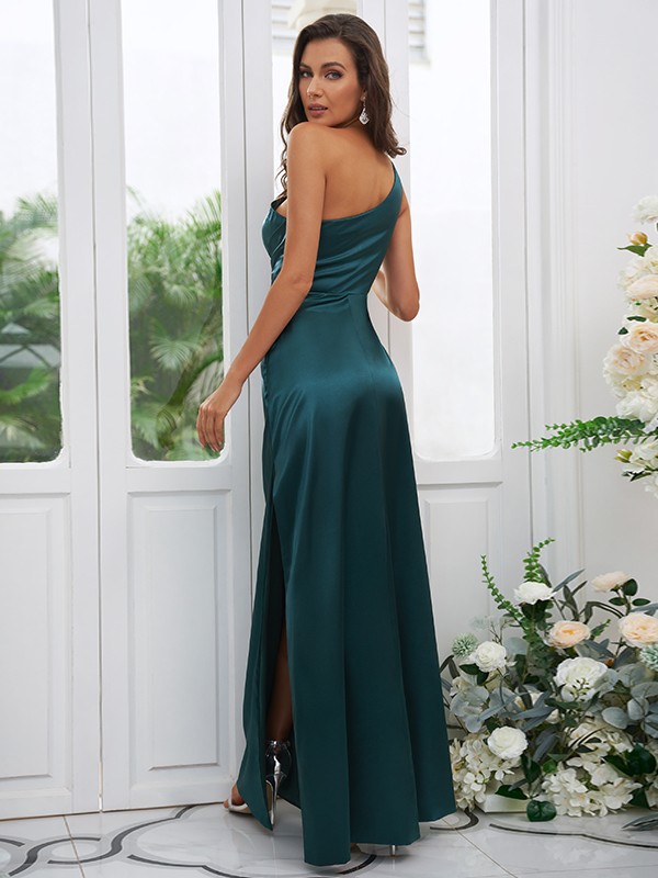 Sheath/Column Elastic Woven Satin Ruched One-Shoulder Sleeveless Floor-Length Bridesmaid Dresses 2922