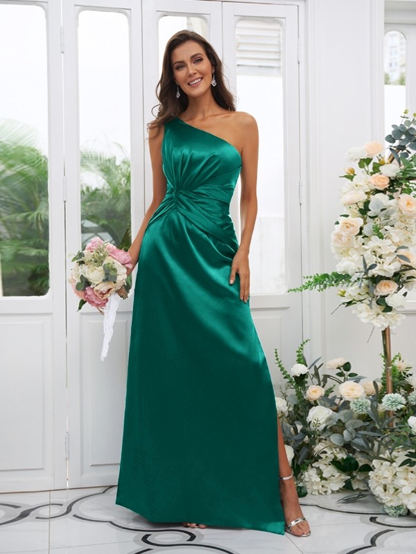 Sheath/Column Elastic Woven Satin Ruched One-Shoulder Sleeveless Floor-Length Bridesmaid Dresses 2922