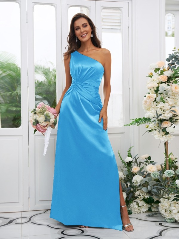 Sheath/Column Elastic Woven Satin Ruched One-Shoulder Sleeveless Floor-Length Bridesmaid Dresses 2922