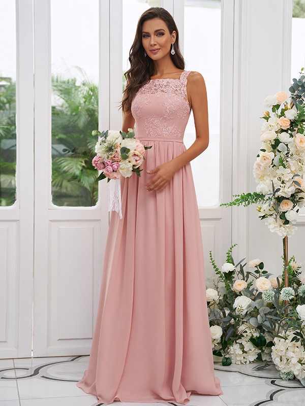 A-Line/Princess Chiffon Applique Square Sleeveless Floor-Length Bridesmaid Dresses 2132