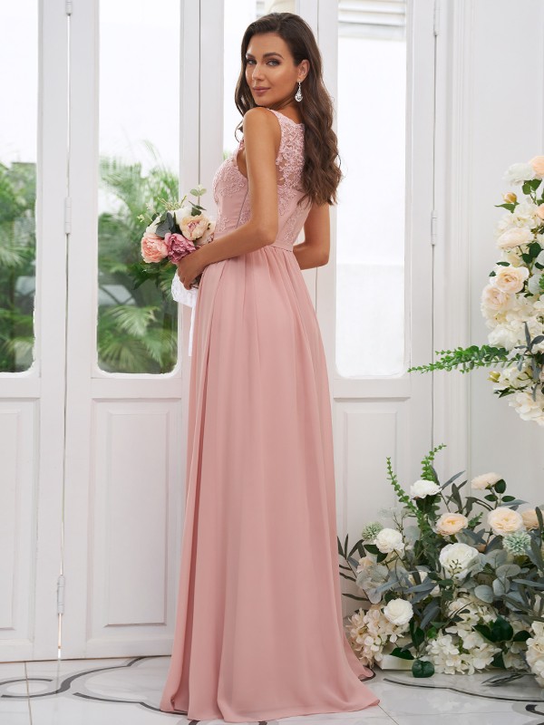 A-Line/Princess Chiffon Applique Square Sleeveless Floor-Length Bridesmaid Dresses 2132