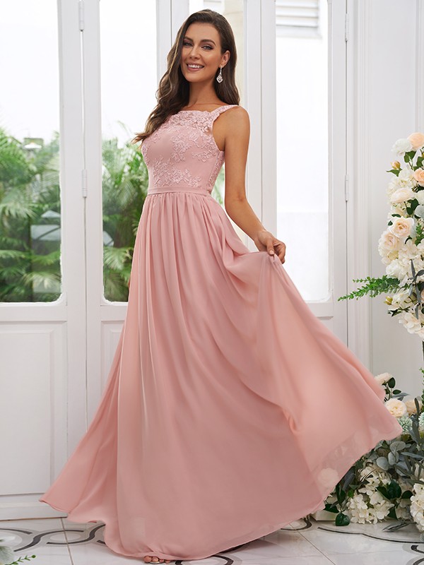 A-Line/Princess Chiffon Applique Square Sleeveless Floor-Length Bridesmaid Dresses 2132