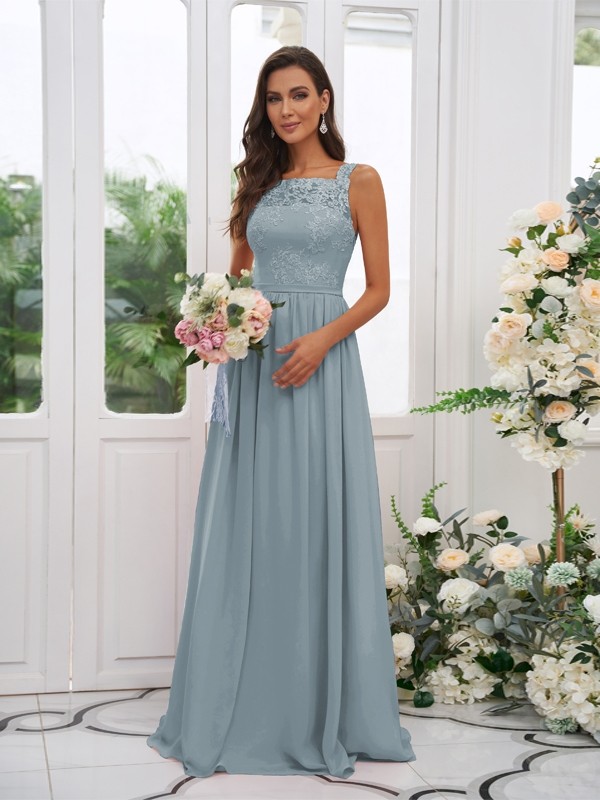 A-Line/Princess Chiffon Applique Square Sleeveless Floor-Length Bridesmaid Dresses 2132