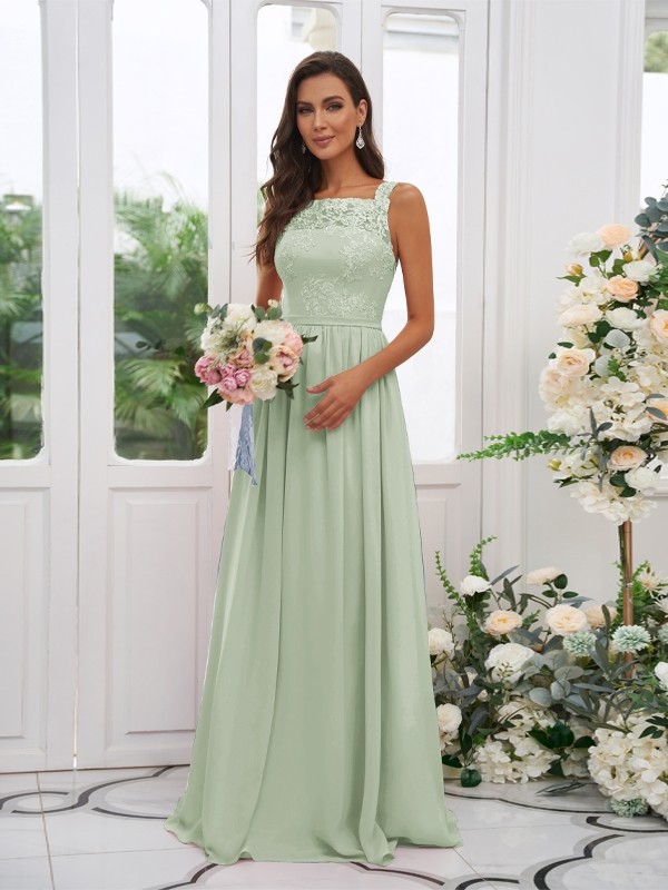 A-Line/Princess Chiffon Applique Square Sleeveless Floor-Length Bridesmaid Dresses 2132