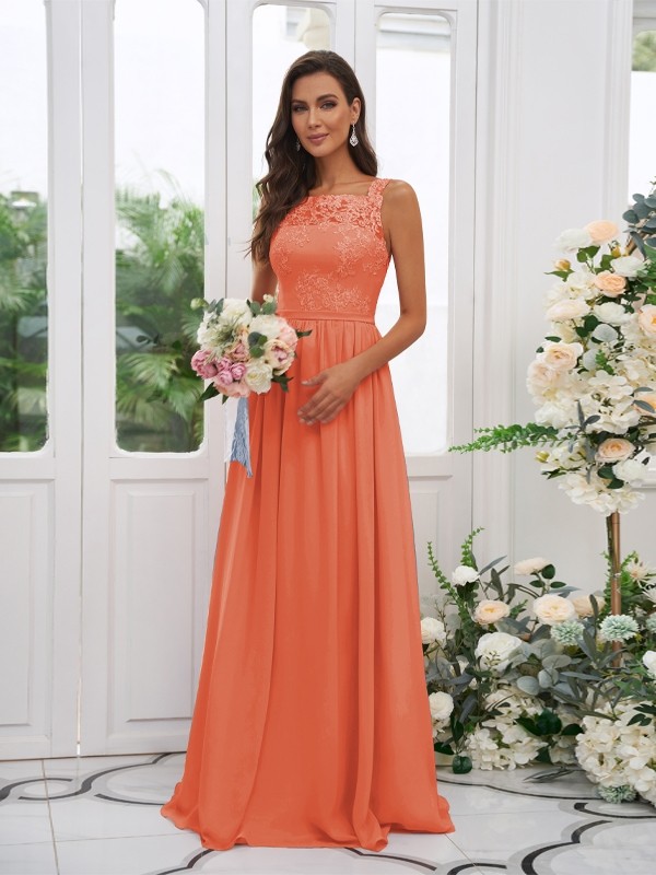 A-Line/Princess Chiffon Applique Square Sleeveless Floor-Length Bridesmaid Dresses 2132