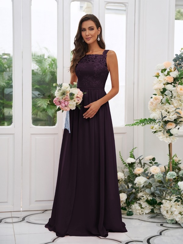 A-Line/Princess Chiffon Applique Square Sleeveless Floor-Length Bridesmaid Dresses 2132