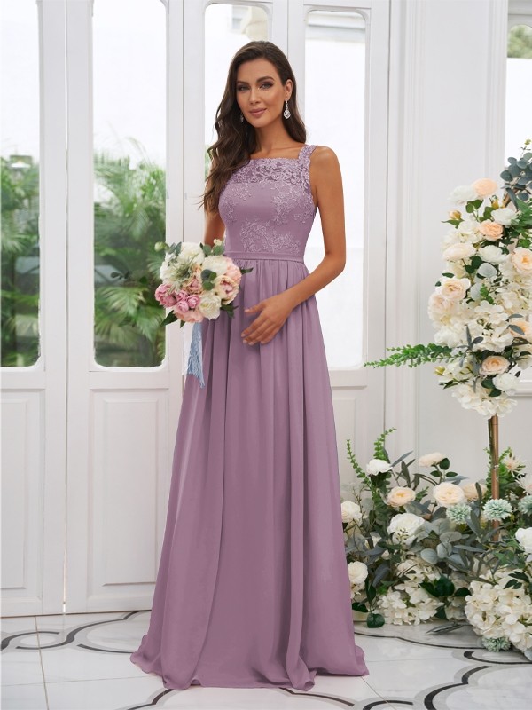 A-Line/Princess Chiffon Applique Square Sleeveless Floor-Length Bridesmaid Dresses 2132