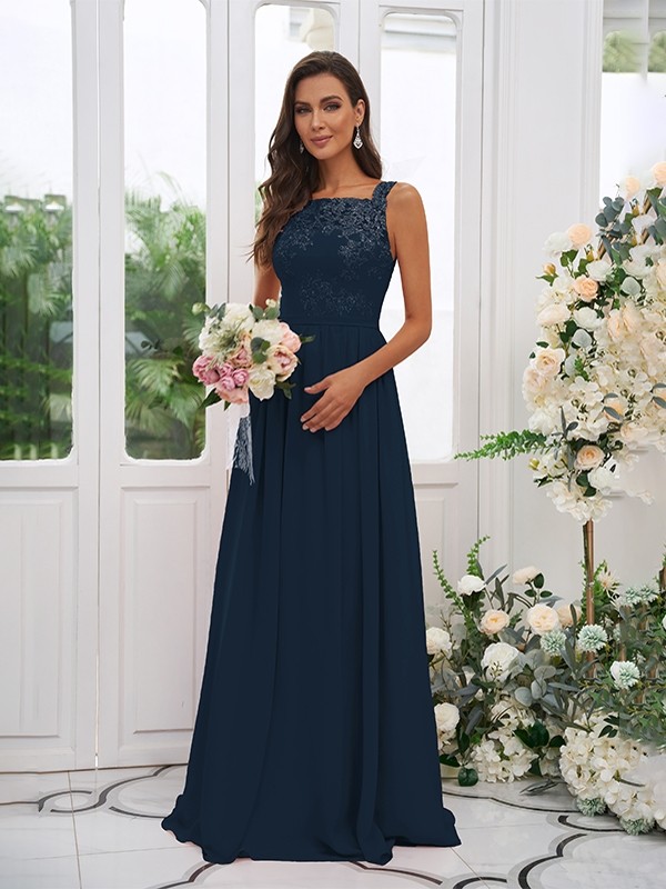 A-Line/Princess Chiffon Applique Square Sleeveless Floor-Length Bridesmaid Dresses 2132