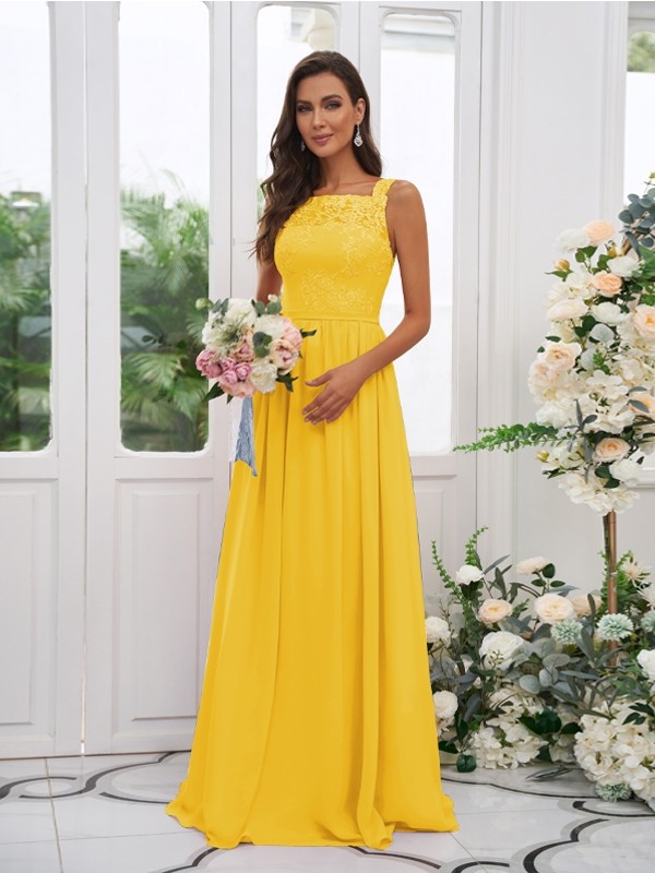 A-Line/Princess Chiffon Applique Square Sleeveless Floor-Length Bridesmaid Dresses 2132